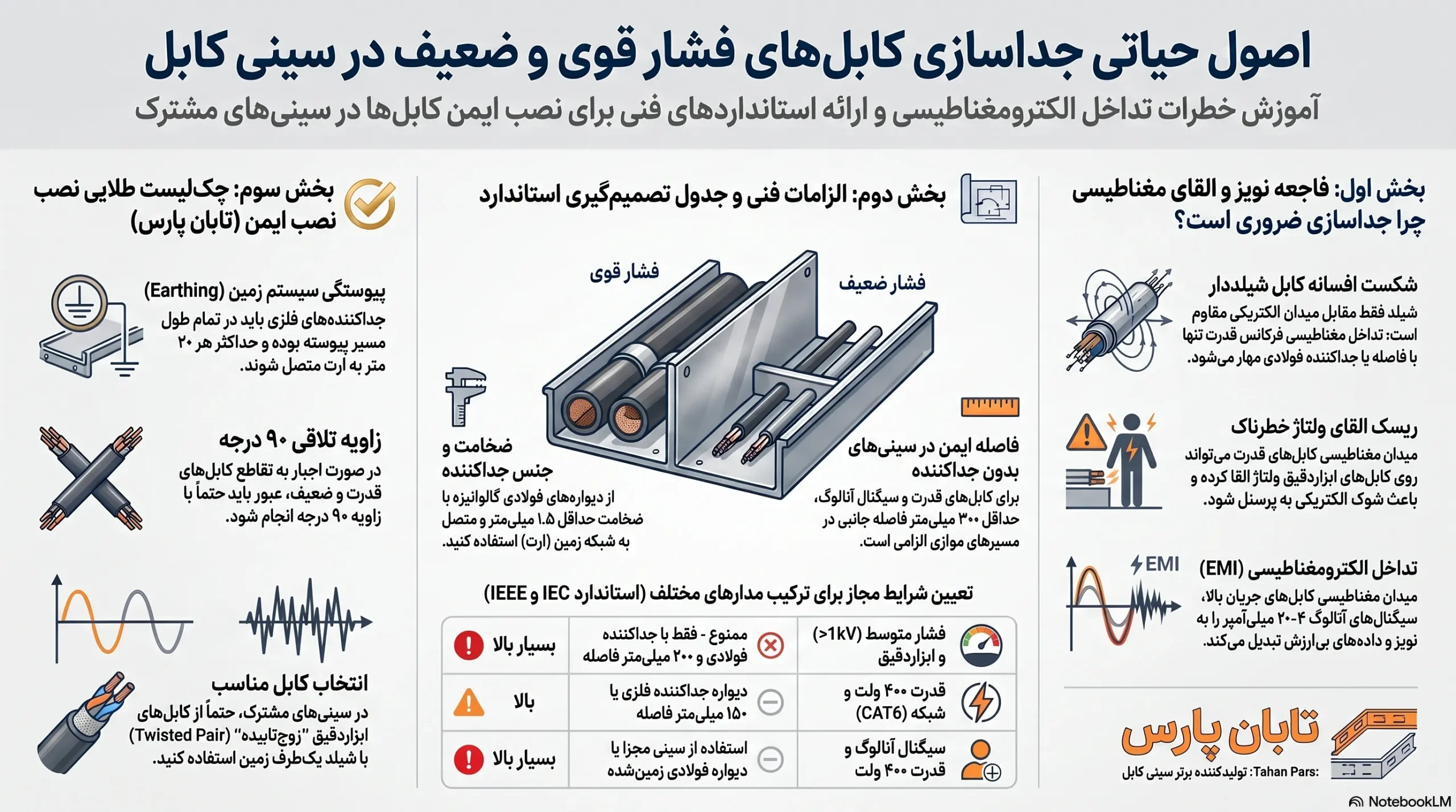 اینفورگرافیک اصول حیاتی جدا سازی کابل ها در سینی کابل